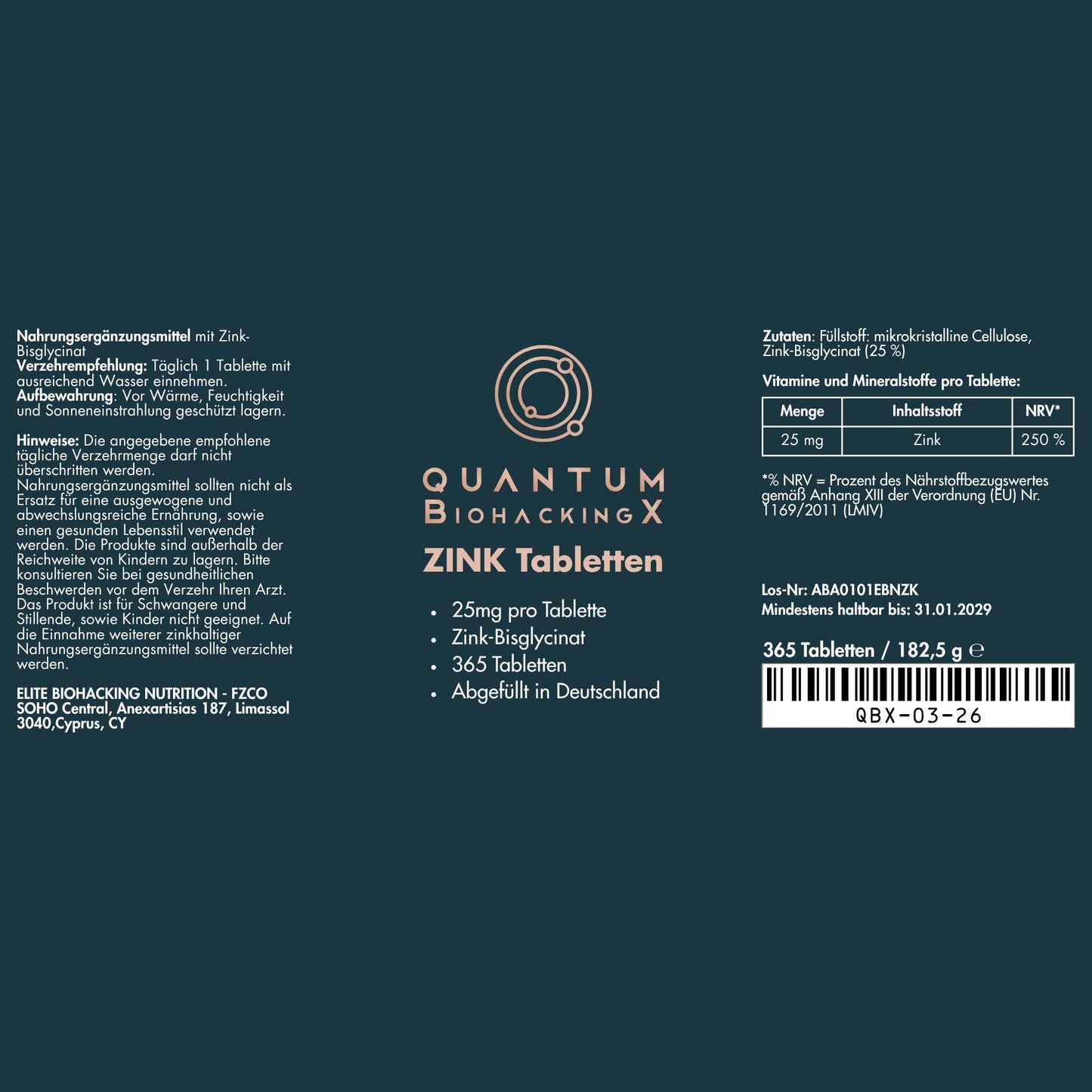 Zink Bisglycinat (25mg) - 365 Tabletten