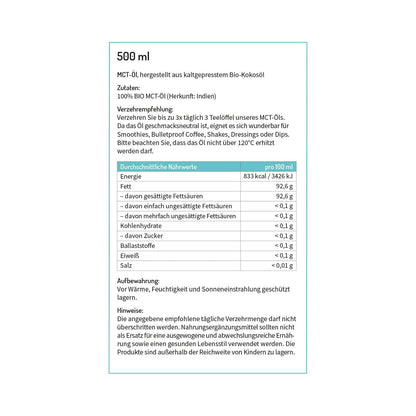 BIO MCT-Öl aus 100% Kokosöl ohne Zusatzstoffe - 500ml