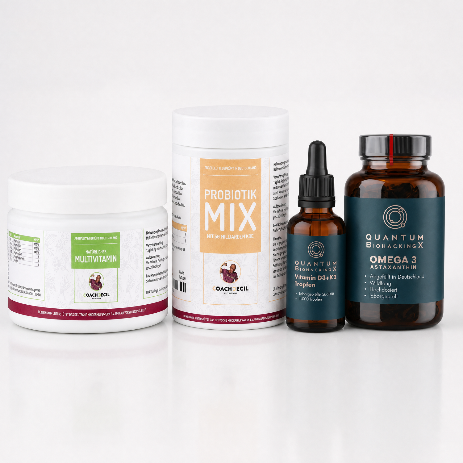 Starter Bundle – Natürliches Multivitamin, Probiotik Mix, Vitamin D3+K2 Tropfen und Omega 3 + Astaxanthin